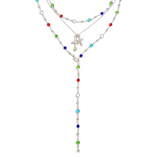 Silvery Layered Necklace for Women, Y Necklace with Cross Pendant, Dainty Stackable Jewelry Gift for Everyday Wear - style: 3PCS - Colorful Chain&2 Cross&Colorful Chain