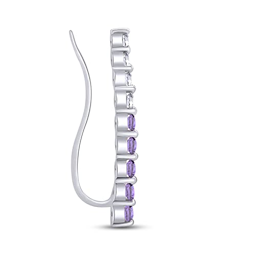 One Piece Right Ear Climber Earring for Women With Birthstone And White CZ | Floating Curved Bar Ear Crawler In 14K Gold Over Sterling Silver Jewelry for Her - color: Simulated Alexandrite