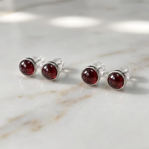 Garnet Earrings, 925 Sterling Silver Stud Earrings Hypoallergenic, January Birthstone Jewelry for Women