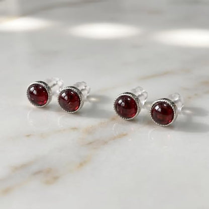 Garnet Earrings, 925 Sterling Silver Stud Earrings Hypoallergenic, January Birthstone Jewelry for Women