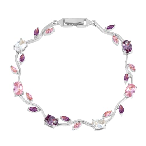 Tulip Flower Bracelet for Women 14K Gold Plated Stainless Steel with Colorful Cubic Zircon Dainty Cute Pink Rose Floral Jewelry Gift for Her Crystal Flower Leaf Bracelets -7.5inch/190mm - color: Pink Purple White Gold
