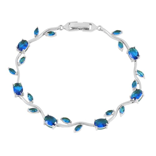 Tulip Flower Bracelet for Women 14K Gold Plated Stainless Steel with Colorful Cubic Zircon Dainty Cute Pink Rose Floral Jewelry Gift for Her Crystal Flower Leaf Bracelets -7.5inch/190mm - color: Blue White Gold