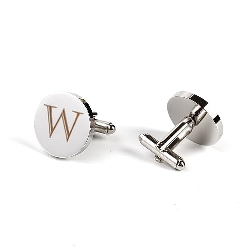 Mens Initial Silver Cufflinks A-Z Alphabet Letter Steel Cuff Links with Engraved Walnut Wood Box Groom Groomsman Wedding Set… - style: W