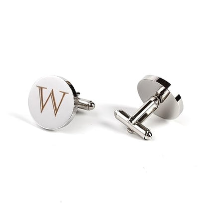 Mens Initial Silver Cufflinks A-Z Alphabet Letter Steel Cuff Links with Engraved Walnut Wood Box Groom Groomsman Wedding Set… - style: W