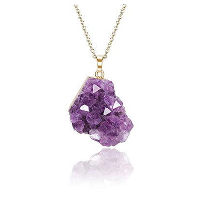Jovivi Natural Amethyst Cluster Crystal Necklace for Women Men,Irregular Raw Rough Amethyst Quartz Stone Pendant Necklace Jewelry for Spiritual Reiki Healing,Beauty, Love and Positive Energy - color: Gold Plated