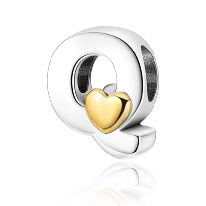 Two-Tone Gold Heart S925 Silver Letter Charm Fits Pandora Bracelet Necklace | Initial Bead Two-Tone Gold Heart, DIY European Bracelet Accessory, Gift for Ladies Birthday Anniversary Valentine - style: Q