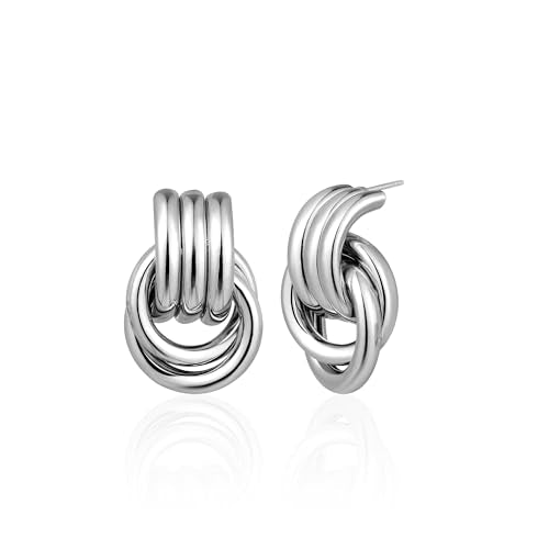 Chunky Gold Geometric Earrings for Women, Lightweight Gold Knot Dangle Drop Statement Dupes Long Link Earrings, Hypoallergenic Gold Plated Vintage Earrings Jewelry Trendy for Women - color: Silver