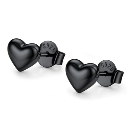 JustBeingCute Heart Stud Earrings 14K Gold Plated 925 Sterling Silver Posts | Dainty Simple Heart Earrings for Women hypoallergenic Chunky Puffy Studs Lightweight with Gift Box（7/10mm） - color: 7mm Black Stud