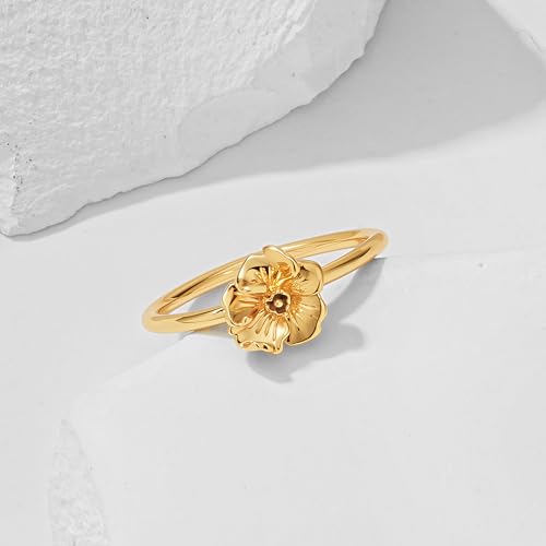 Birth Flower Stacking Ring for Women | 14K Gold Plated Brass, 12 Engraved Floral Motifs, Slim Stack-Ready Band, Available in US Sizes 5-9 - style: Aug.-Poppy