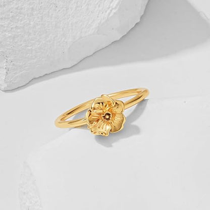 Birth Flower Stacking Ring for Women | 14K Gold Plated Brass, 12 Engraved Floral Motifs, Slim Stack-Ready Band, Available in US Sizes 5-9 - style: Aug.-Poppy
