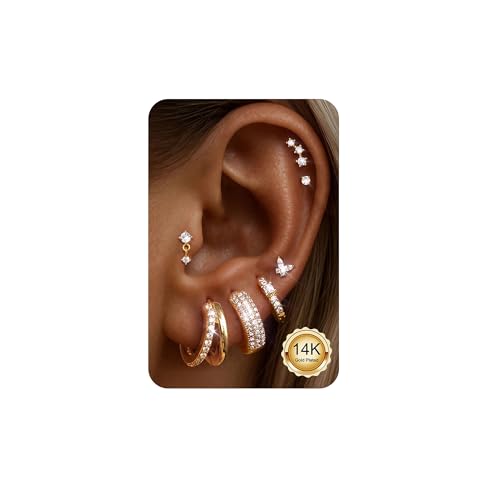 ADRAMATA Hypoallergenic Gold Earrings Stack for Women - 7Pairs Surgical Steel Small Chunky Huggie Hoops & Flat Back Stud Earrings Set Silver Cartilage Jewelry Trendy Christmas Gifts - style: Shiny - Gold