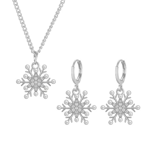 Dreuyet Snowflake Earring and Necklace Set for Women Clear Cubic Zirconia Sparkle Snowflake Hoop Earrings Silver Christmas Snowflake Pearl Earrings Winter Holiday Women Wife Jewelry Gift - color: Silver