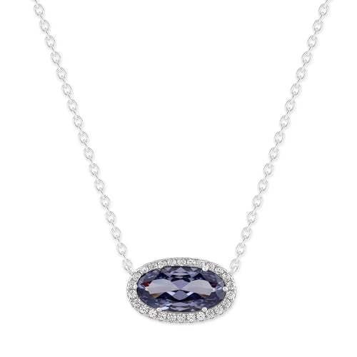 Belacqua Gemstone Necklace in Sterling Silver,Halo Pendant with Accent, Oval Cut 6 * 12mm, 15" Cable Chain with 2" Extender, Spring Ring Clasp, Dainty Birthstone Necklace for Women, Gift Box Included - color: 12-December-Blue Tanzanite