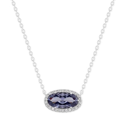 Belacqua Gemstone Necklace in Sterling Silver,Halo Pendant with Accent, Oval Cut 6 * 12mm, 15" Cable Chain with 2" Extender, Spring Ring Clasp, Dainty Birthstone Necklace for Women, Gift Box Included - color: 12-December-Blue Tanzanite