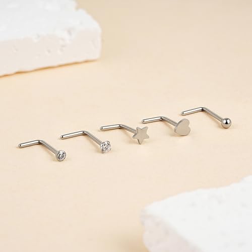 ASTM F136 Titanium Nose Studs Set - 5PCS 20G Nose Nostril Body Jewelry, Pin Piercing Kit Jewelry Gift, Hypoallergenic Nickel Free(L-shaped - Silver)