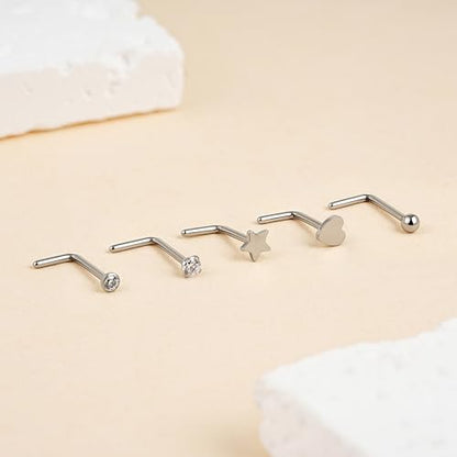 ASTM F136 Titanium Nose Studs Set - 5PCS 20G Nose Nostril Body Jewelry, Pin Piercing Kit Jewelry Gift, Hypoallergenic Nickel Free(L-shaped - Silver)