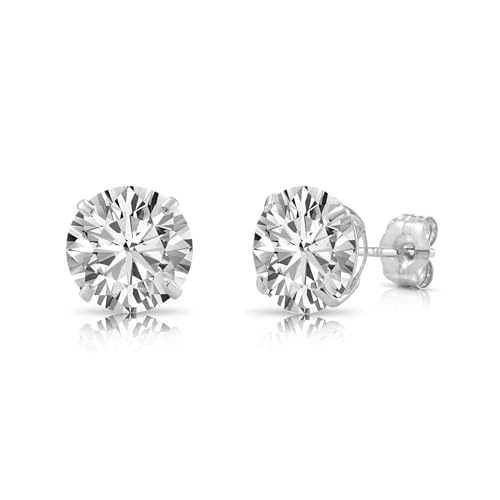 14k White Gold Solitaire Round Cubic Zirconia Stud Earrings with Pushbacks - style: 8mm