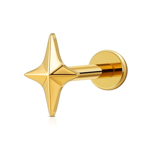 1PC ASTM F136 Titanium Mini Threadless Flat Back Stud 18G 6mm 8mm for Conch Helix Flat Tragus Labret - color: Four-pointed star - Gold