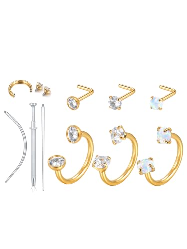 Aumeo Horseshoe 18G Nose Rings 8mm for Women, Surgical Steel 20G L Shaped Nose Rings Studs 7mm, Internally Threaded Tragus Cartilage Helix Earrings, Silver/Gold - style: Gold, 3pcs horseshoe nose rings