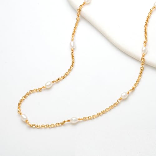 MTMY Beaded Necklaces for Women 14K Gold Plated Dainty Colorful Green/Rose Beaded Pearl Choker Necklace Delicate Boho Choker Necklace Jewelry Gift - style: Oval pearl