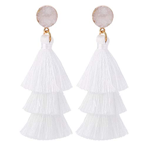 Bohemian Tiered Tassel Earrings with Druzy Stud for Women | Long Layered Fringe Drop Earrings, Statement Jewelry for Party Beach Festival - color: White