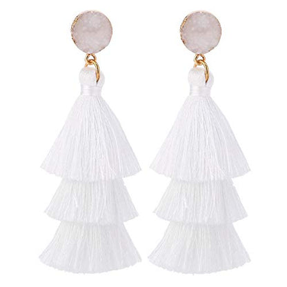 Bohemian Tiered Tassel Earrings with Druzy Stud for Women | Long Layered Fringe Drop Earrings, Statement Jewelry for Party Beach Festival - color: White