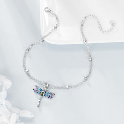 925 Sterling Silver Cat Butterfly Anklets Double Layered Chain for Birthday Women Ankle Bracelet Summer Beach Dainty Jewelry - style: Dragonfly Anket