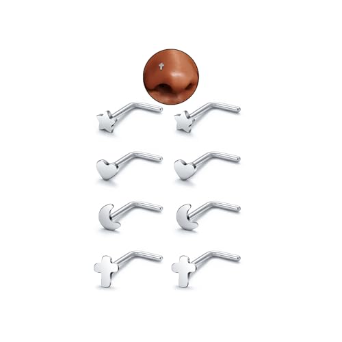 20G Nose Rings for Women, L Shaped Nostril Piercing Studs | 316L Stainless Steel, 0.8 mm×7 mm, 2 mm CZ or 3-4 mm Heart, Star, Moon and Cross, Gold-Tone or Silver-tone, Daily Wear - style: Silver Style B