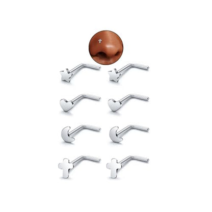 20G Nose Rings for Women, L Shaped Nostril Piercing Studs | 316L Stainless Steel, 0.8 mm×7 mm, 2 mm CZ or 3-4 mm Heart, Star, Moon and Cross, Gold-Tone or Silver-tone, Daily Wear - style: Silver Style B