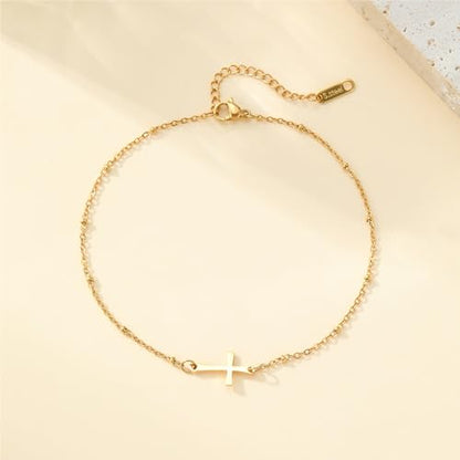 Dainty Ankle Bracelets for Women 18K Gold Plated Waterproof | Satellite Beaded Herringbone Lip Chain Anklets Simple Minimalist Summer Beach Foot Jewelry, Gift Box Included - color: Satellite Cross-Gold