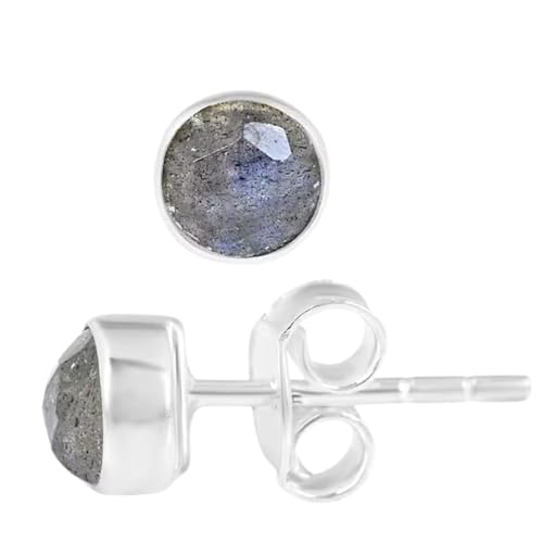 5 MM Natural Gemstone 925 Sterling Silver Hypoallergenic Studs Earrings Jewelry for Women Dainty Trendy Antiqued Silver Birthstone Earrings Jewelry Gifts for Women and Her - color: Labradorite