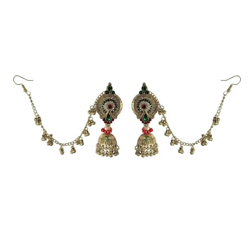 Pink Bollywood Traditional Jhumka Jhumki Statement Dangle Drop Earrings for Women Long Chain Tassel Hair Accessories CZ Faux Pearl Beaded Indian Bell Chandelier Stud Earring Boho Bride Wedding Jewelry - color: Green