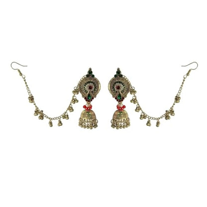 Pink Bollywood Traditional Jhumka Jhumki Statement Dangle Drop Earrings for Women Long Chain Tassel Hair Accessories CZ Faux Pearl Beaded Indian Bell Chandelier Stud Earring Boho Bride Wedding Jewelry - color: Green