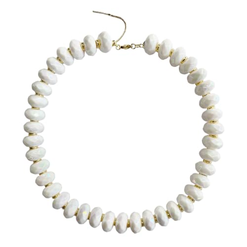 Colorful Chunky Acrylic Beaded Choker Necklaces for Women | Multicolor Faceted Beads, Sturdy Metal Chain, Adjustable Detachable, Lightweight, Summer Boho, Sparkly Statement Jewelry Gift - color: White