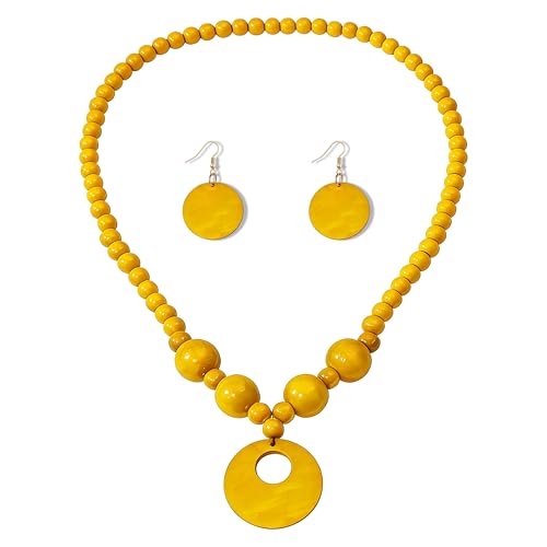 KaFu Handmade Bohemian Wooden Round Beaded Choker Necklace Earrings Set for Women Vintage Multicolor Wood Beads Chunky Geometric Ethnic Sweater Necklaces Statement Jewelry Gifts - color: yellow