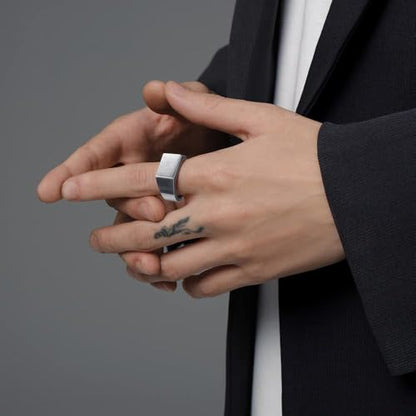 MYNENEY Stainless Steel Square Shape Signet for Men Statement Ring - color: 10x16mm Retro