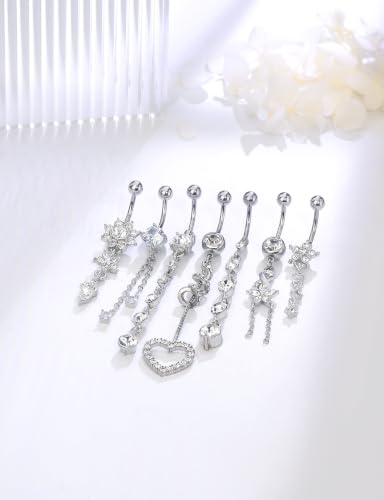 14G Belly Button Ring Piercing Surgical Steel Clear Pink CZ Dangling Navel Rings 10MM Length Hypoallergenic Heart Flower Belly Piercing Jewelry for Women Men Silver Gold - color: Silver- Clear CZ