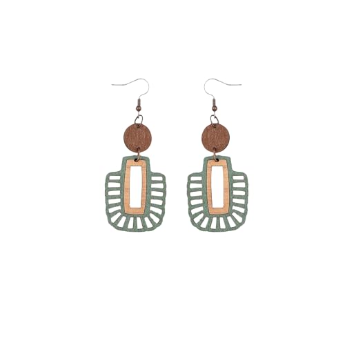 Bohemian Boho Olive Green Wooden Dangle Earrings for Women, Vintage Western Geometric Teardrop Style