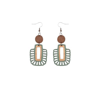 Bohemian Boho Olive Green Wooden Dangle Earrings for Women, Vintage Western Geometric Teardrop Style