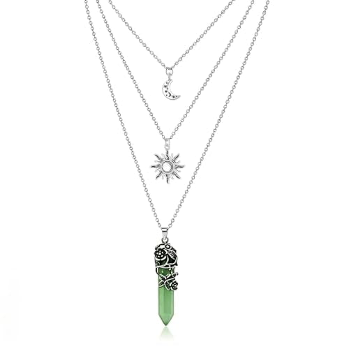 Gothic Emo Grunge Crescent Moon Layered Choker for Women | Boho Moon Sun Star Crystal Pendant Necklace, Punk Witchy Halloween Christmas Jewelry Accessories Gifts - color: Green