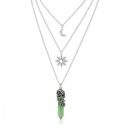 Gothic Emo Grunge Crescent Moon Layered Choker for Women | Boho Moon Sun Star Crystal Pendant Necklace, Punk Witchy Halloween Christmas Jewelry Accessories Gifts - color: Green