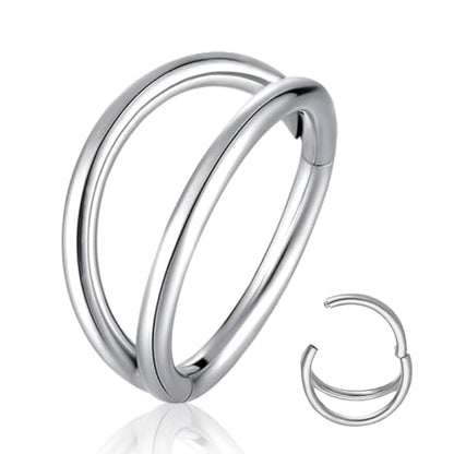 Titanium Septum Rings, Nose Rings Hoops for Women, Segment Nose Rings 16G 8mm/10mm Hypoallergenic Cartilage Conch Helix Rook Hoop Earrings - color: Double Stacked-Silver, size: 16 Gauge 8mm