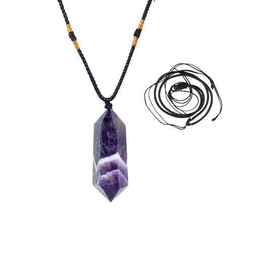 Runyangshi Dream Amethyst Healing Crystal Pendants, Double Pointed Natural Crystal Quartz Necklace 6 Faceted Chakra Crystal Wand Stone - color: Dream Amethyst