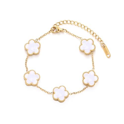 TICVSS Four Leaf Clover Bracelet for Women 18K Gold Plated Stainless Steel Lucky 4 Leaf Gold Link Bracelet Jewelry Gift for Women - color: White