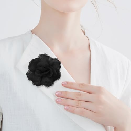 Rose Flower Brooch and Pin With Hair Clip | Black Lapel Pin for Women | Hat Pin | Flower Hair Clip, 3.1 Inches - color: Black