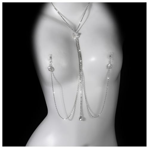 Sexy Rhinestone Pearl Tassel Non Piercing Nipple Chain Jewelry for Women Crystal Drop Chest Chain Festival Rave Nipple Body Jewelry for Party - color: Silver