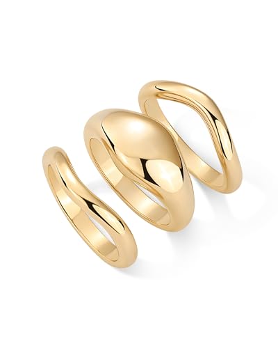 PAVOI 14K Gold Plated Chunky Stackable Rings Set for Women | Cubic Zirconia Bands Set | 3 Statement Rings Pack - color: Yellow Gold, size: 6, style: Plain