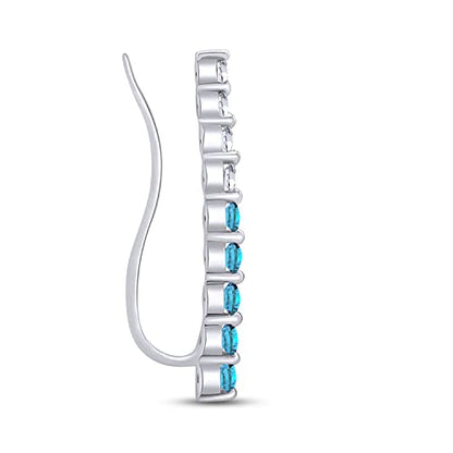 One Piece Right Ear Climber Earring for Women With Birthstone And White CZ | Floating Curved Bar Ear Crawler In 14K Gold Over Sterling Silver Jewelry for Her - color: Simulated Blue Topaz