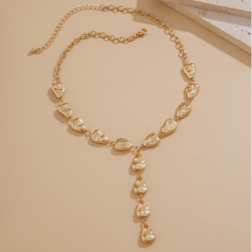 Gold Statement Lariat Necklace for Women Long Chunky Silver Y Shaped Necklace Big Baroque Shaped Drop Necklace Trendy Statement Jewelry Gift - color: gold