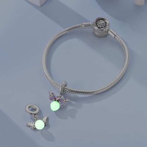 LNQOBU 925 Sterling Silver Charms Color-changing Chameleon Dangle Charm Beads Glow in the Dark Charme fits Pandora Bracelets and Necklace Jewelry Gift for Women - style: Pink and Purple Firefly Charm